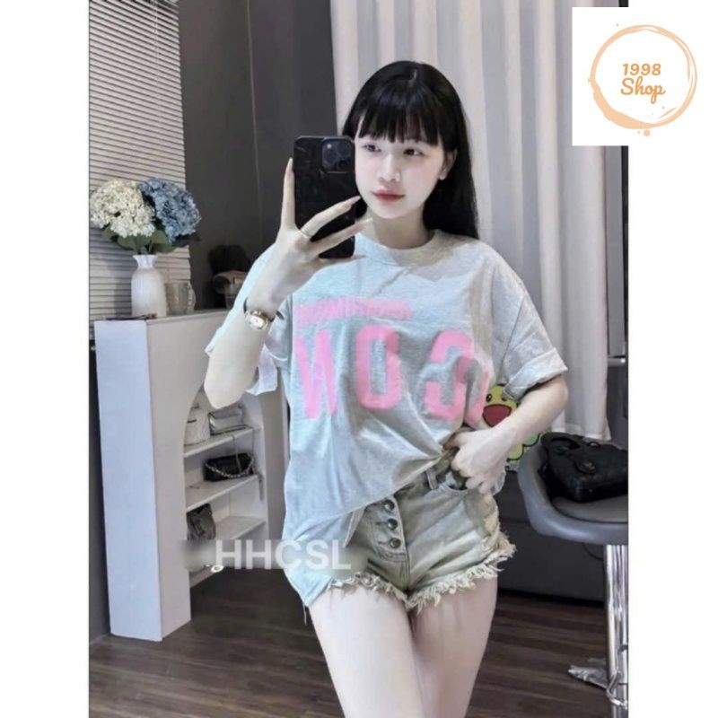 Tổng họp Sét Bộ Quần Ống Suông heo Hồng + kèm áo Phông ICON xám form rộng chất cotton