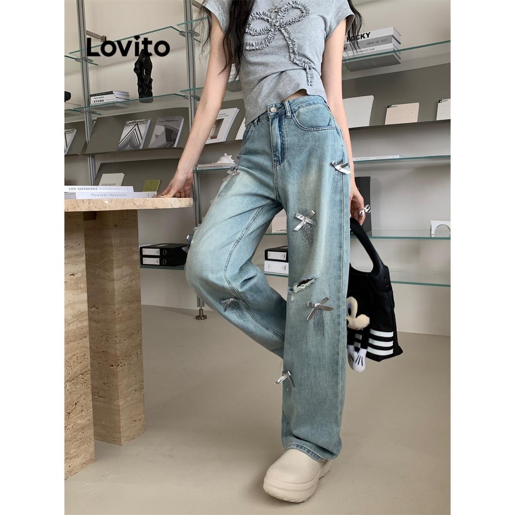 Ảnh Quần jean nữ Lovito nơ màu trơn phong cách thường ngày LNA73086 4