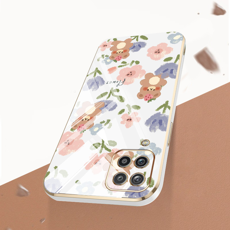 Ốp Điện Thoại YBD Cho Samsung Galaxy A12 Nacho M12 A12S F12 A22 4G 5G M22 M32 F22 4G Họa Tiết Gấu Hoa Nhỏ Dễ Thương Đi Kèm Dây Treo Silicon Cùng Màu
