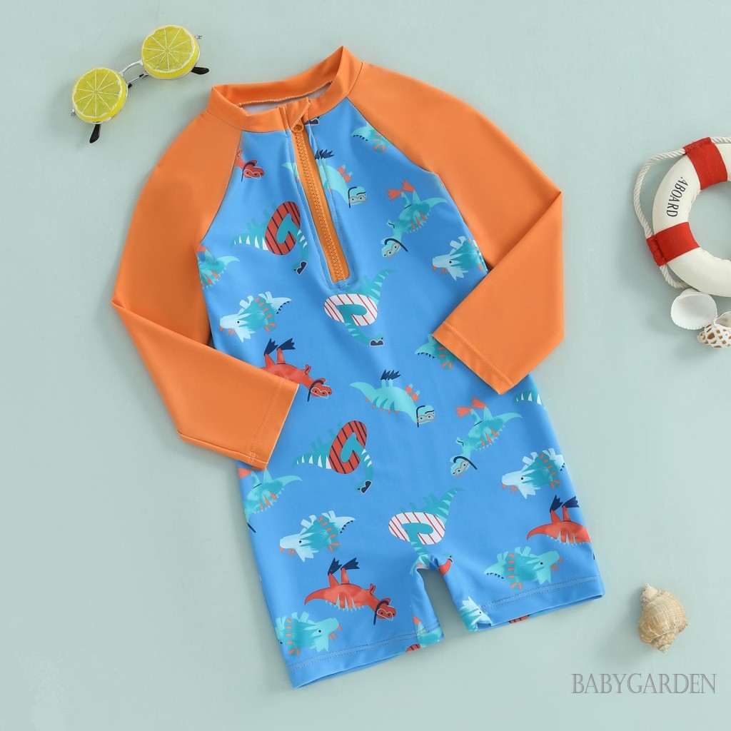 / / -6M-4Y Baby Boy Rash Guard Đồ bơi in hình khủng Long dài tay Mock Cổ Zip Bộ đồ tắm