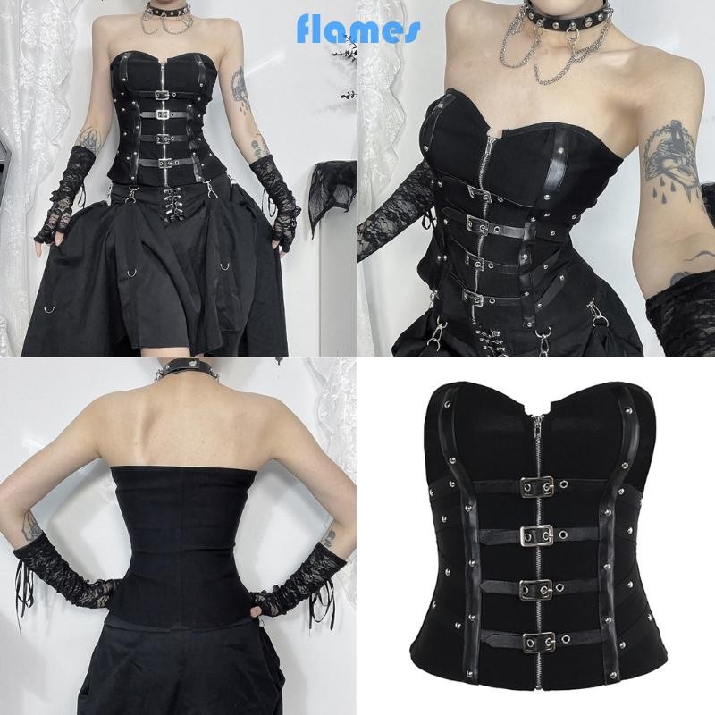 Fl Fish Bone Strapless Tube Top có khóa kéo bằng da Corset Vest dành cho nữ