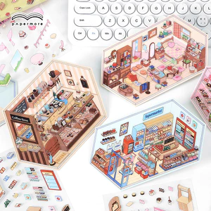 Enwei 3 Cái [PaperMore Dòng Góc Nhỏ] Nhãn Dán Giải Nén Cabin Cảnh Thu Nhỏ Dễ Thương Nhãn Dán PET Giấy Thêu Sò Chất Liệu Sổ Lưu Niệm Bộ
