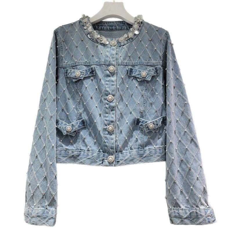 Ga Châu Âu Xuân Thu 2025 Phong Cách Mới Kim Cương Checkered Công Nghiệp Nặng Đính Hạt Denim Áo Khoác Nữ Dạo Phố Phù Hợp Với Áo Khoác Rời