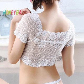 < Honeyba > Áo Crop top trễ vai ren gợi cảm dành cho nữ có miếng đệm Áo ngực ngắn tay Áo yếm đẹp