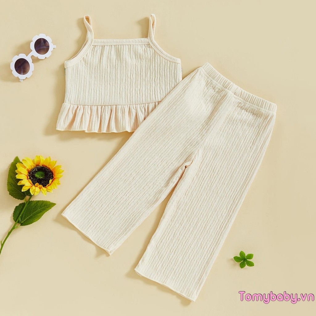 Bộ trang phục 2 món cho bé gái mới biết đi Hoa móc / Bộ Áo hai dây xù trái cây + Bộ quần thun