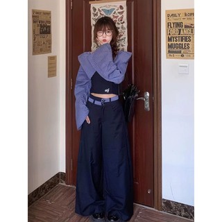 Quần Kích Thước Lớn + Bộ Đồ Nữ Cao Cấp Sense Một Vai Áo Sơ Mi Nữ Sọc Mùa Xuân Khâu Preppy Phong Cách Ngắn Slim-fit Áo Sơ Mi Nhỏ Ôm Hơn Nhìn Top Quần Dáng Rộng Quần Áo Nữ
