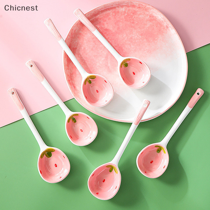 [Chicnest] 1 Muỗng Súp Gốm Dâu Dễ Thương Kem Món Tráng Miệng Tay Cầm Dài Thìa Boutique