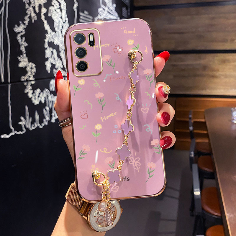 Ốp Điện Thoại Hoa Toàn Màn Hình Mạ Điện YBD Cho OPPO Reno 12 Pro Reno 12F Realme C65 4G A3 Pro (Ấn Độ) Với Vòng Tay Cỏ Bốn Lá