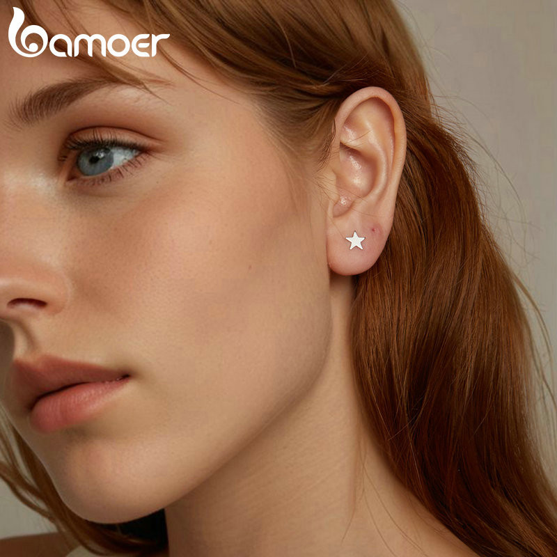 Bamoer 925 Sterling Sliver Studs Bông Tai Ngôi Sao Tròn Trang Sức Quà Tặng Cho Nữ