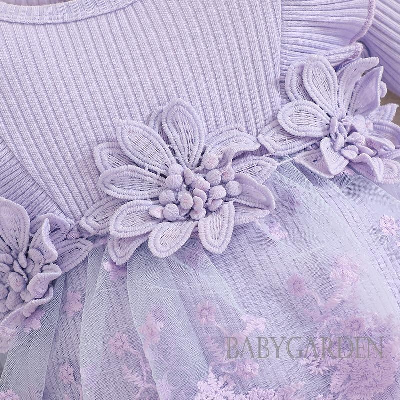 / / -Baby Girls Lưới 3D Váy liền quần dài tay có gân + Băng đô nơ