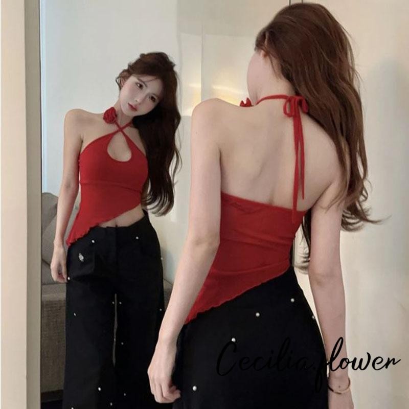 Áo ba lỗ cổ Cami không tay hở lưng 3D hoa hồng không đều viền xe tăng cắt