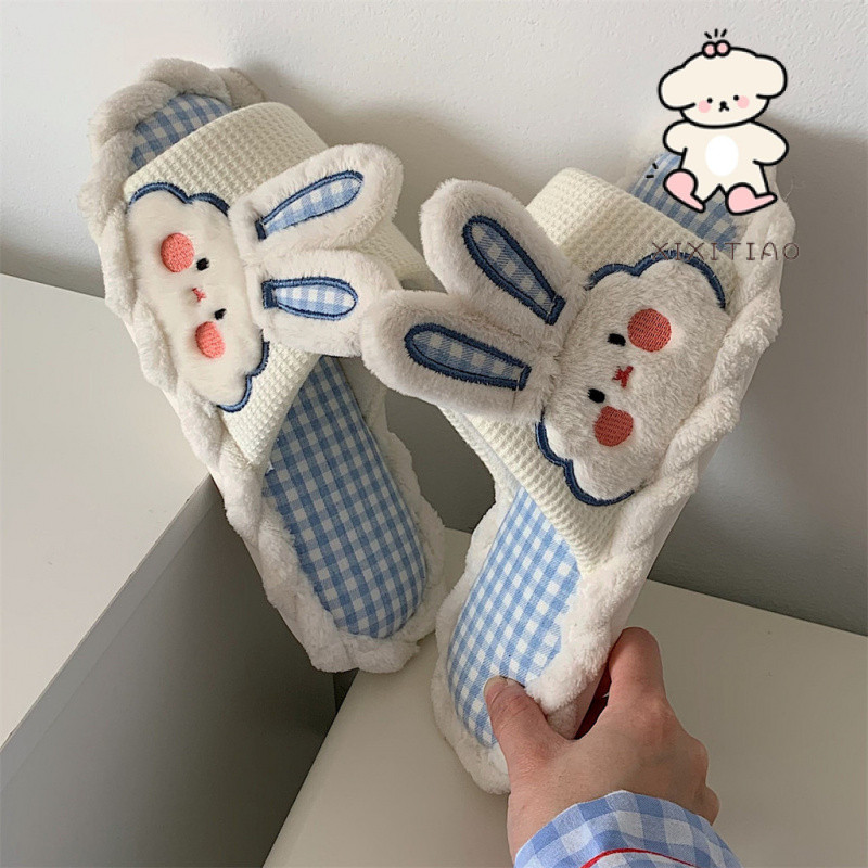 Dép Xixitiao Nữ Vải Lanh Thỏ Dễ Thương Sinh Viên Nhà Bốn Mùa