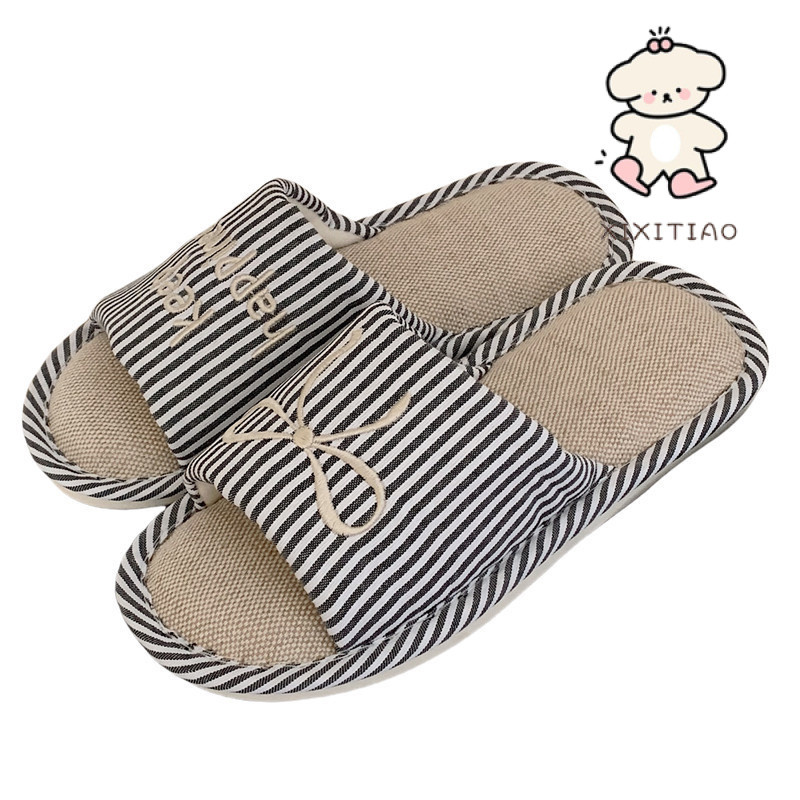 Xixitiao Retro Nơ Vải Lanh Dép Phong Cách Nhật Bản Màu Sắc Tương Phản Phòng Ngủ Nữ Hộ Gia Đình Bốn Mùa Đa Năng Thoải Mái Hút Mồ Hôi Sàn Giày