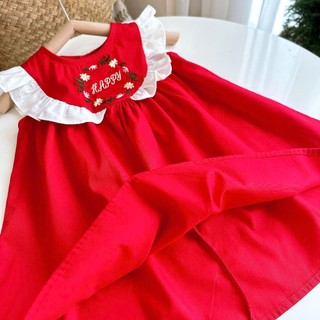 Váy Đỏ Noel Bèo Cánh Tiên Thêu Cừu Happy Cho Bé Mặc Đi Học, Đi Chơi,... 8-26kg