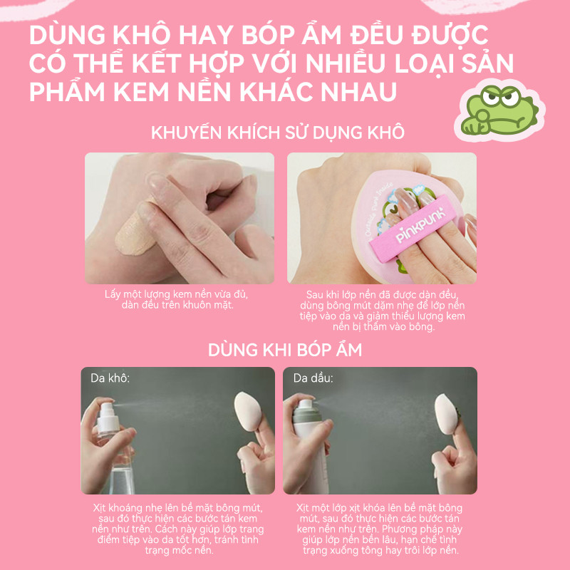 Bông mút Pinkpunk Matcha Dandan Cute Miếng bông phấn hình chú ếch khủng long 2 in 1 Powder Puff Air Cushion Kem mềm không hút kem nền, giúp đánh kem nền phấn phủ