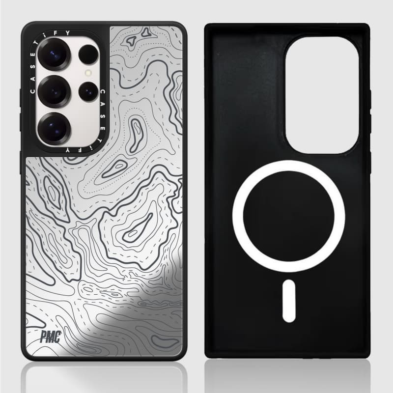 Casetify X Ốp lưng không-thời gian biến dạng Matte Black & Sliver Mirror Vỏ hút từ tính Samsung Galaxy S23 S24 S25 Ultra Plus Mặt sau cứng có hộp khắc logo