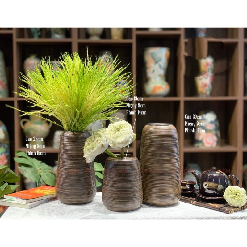 Bình gốm sứ Bát Tràng dáng đu đủ họa tiết vân ganh cắm hoa hồng, hoa sen, decor nội thất