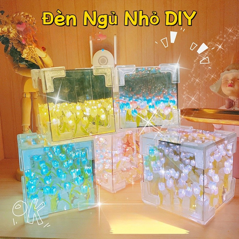 Đèn Ngủ Nhỏ DIY Hình Khối Lập Phương Acrylic Đèn Ngủ Hoa Tulip Biển Làm Thủ Công