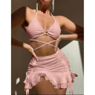 Đồ Bơi Nữ Màu Kẹo Dây Đeo Chéo Voan Váy Ba Mảnh Bikini Tắm SUit