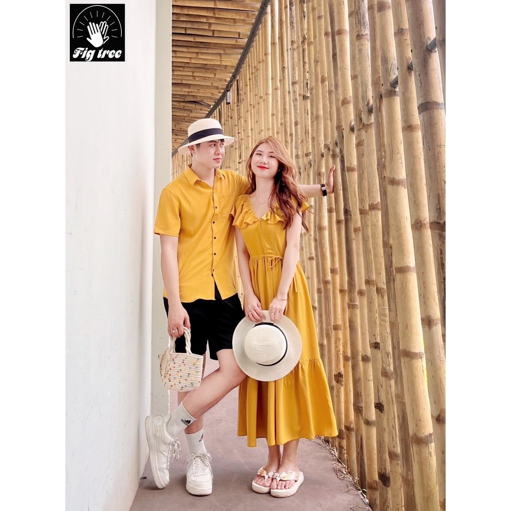Đồ Đôi - Áo Váy Đôi Fig Tree Màu Vàng Đũi Trơn Cao Cấp Tươi Sáng Hot New (Hàng thiết kế full size)