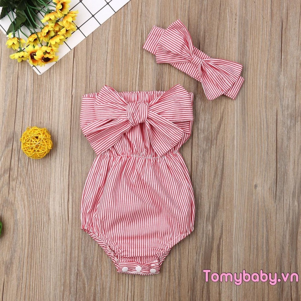 Bộ Quần Áo Bé Gái Ống Top Nơ Áo Liền Quần Sọc Không Tay + Băng Đô 2 Chiếc Trang Phục