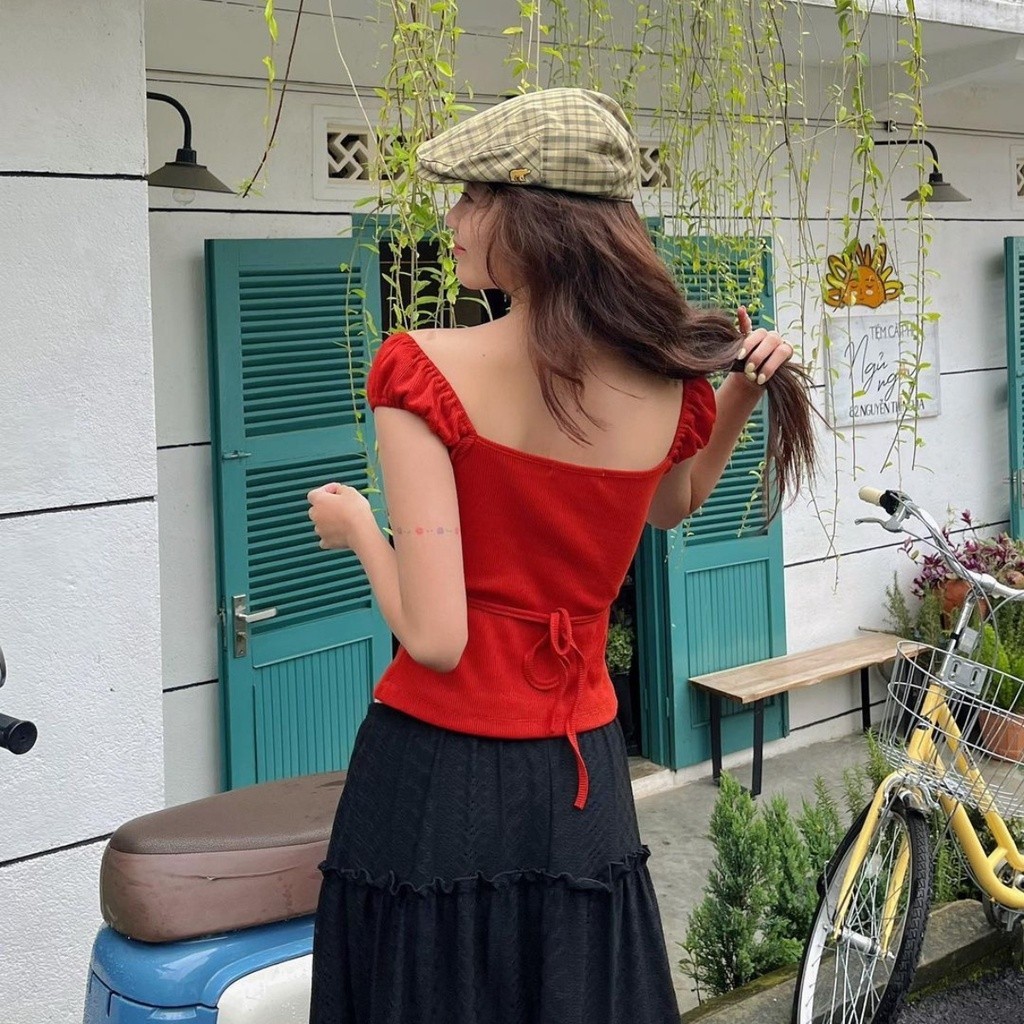Áo 2 Dây Kiểu Cổ Vuông Đính Nơ Phối Dây Buộc A510006