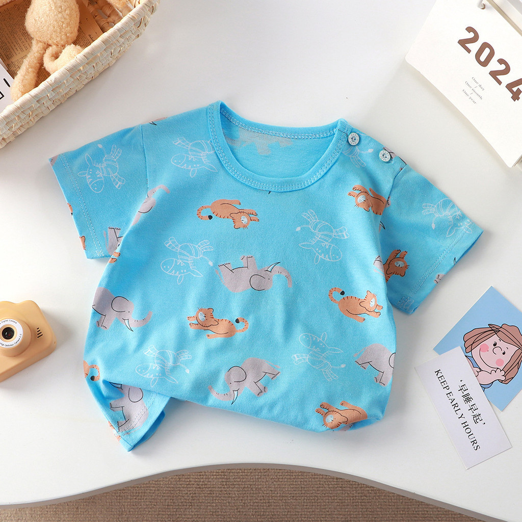 Phong Cách Mới Cotton Nguyên Chất Áo Thun Bé Gái Tay Ngắn Bé Trai Nửa Tay Áo Mồ Hôi @