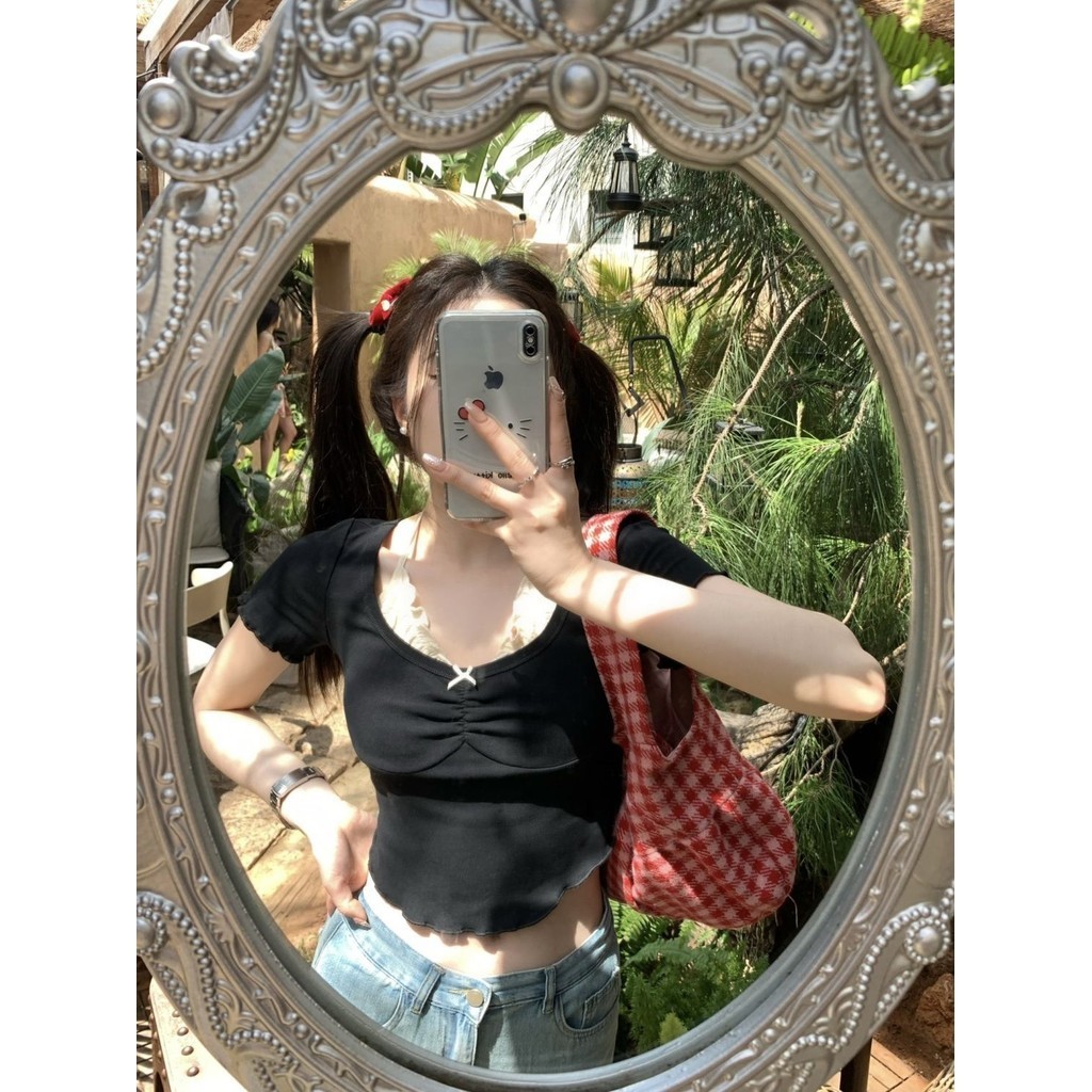 Milyfashion Sweet Dream Ballet Hoa Khâu Nấm Top Slimer Look Pure Desire Style Dây Cổ Màu Sắc Tương Phản Giả Hai Mảnh Tay Ngắn T @