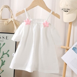 (6m-15Y) Áo thun ngắn tay cho bé gái Mùa hè mới Dây đeo vai lệch vai Ngôi sao thời trang hàng đầu