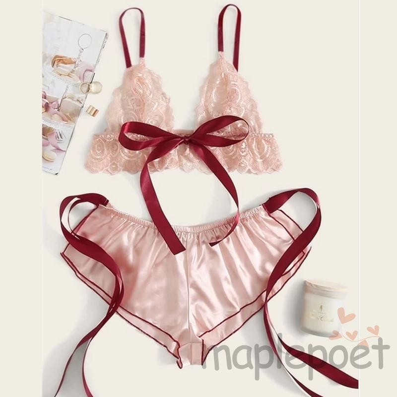 Maplepoet-áo lót hai mảnh dành cho nữ Khối màu gợi cảm Áo ngực băng xuyên thấu + Quần lót cho đêm