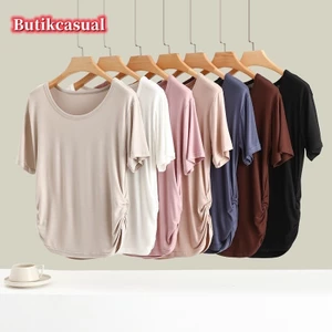 Phụ Nữ Modal Cotton Trơn Áo Thun Cổ Tròn Tay Ngắn Rời Áo Thun Slim Pleats Thường Ngày Mùa Hè Top
