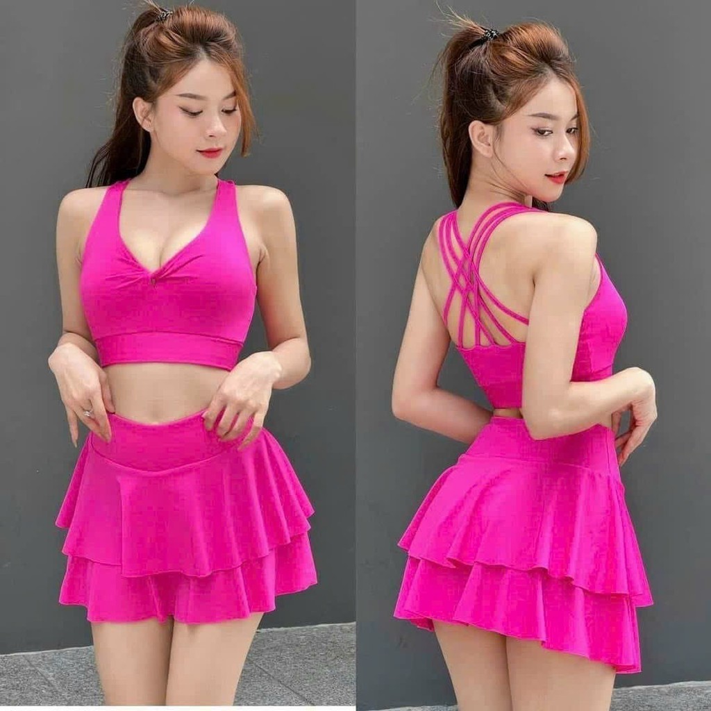 Set váy xòe tầng tập aerobic, đi bơi, ... áo xoắn ngực đan dây sau nhiều màu, co giãn thoải mái TS01