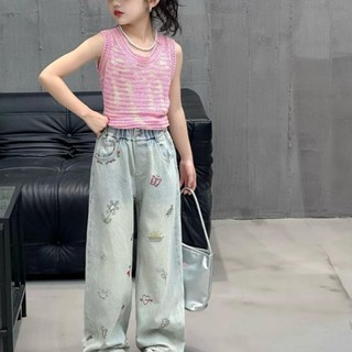 Q12-[Dưới 1m32] Quần jean ống rộng thêu nơ cho bé gái size từ 8-30Kg
