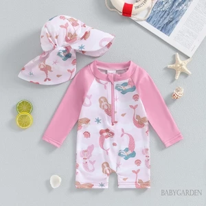 Baga-3tháng-3year Bé Gái Bộ Đồ Tắm Biển In Hình Vỏ Dài Tay Rash Guard Đồ Bơi Vành Rộng Mũ Chống Nắng Trẻ Sơ Sinh Tập Đi Đi Biển