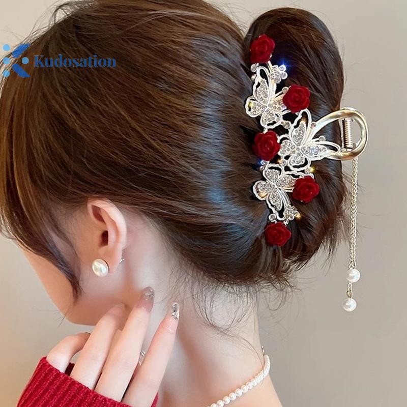 Kudosation Ánh Sáng Sang Trọng Kim Cương Giả Hoa Hồng Móng Vuốt Kẹp Tóc Barrette Phụ Kiện Tóc
