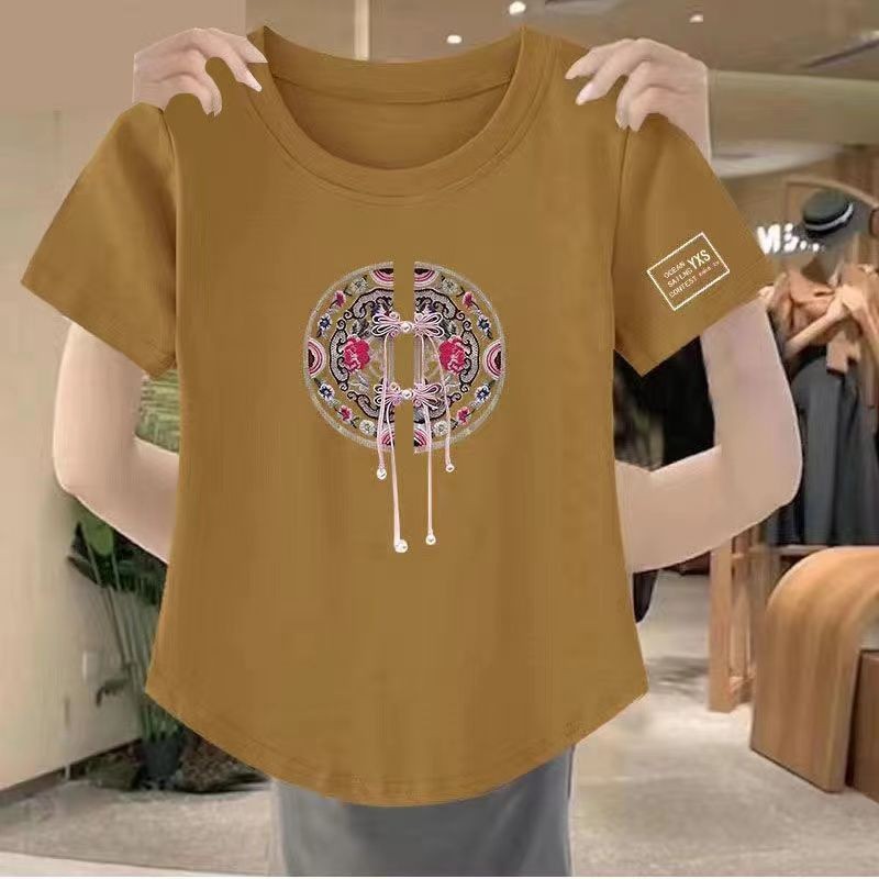 Áo thun phong cách Trung Quốc mới dành cho nữ mùa hè, áo thun in hình dáng rộng và đơn giản dành cho nữ