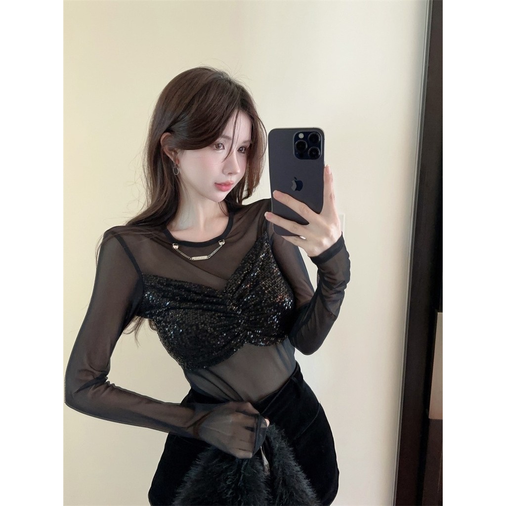 [JULI] Áo sơ mi nữ thêu lưới xuyên thấu mùa xuân mùa hè thuần khiết khao khát rỗng Hot Girl lấp lánh Top Quần áo nữ hàng đầu
