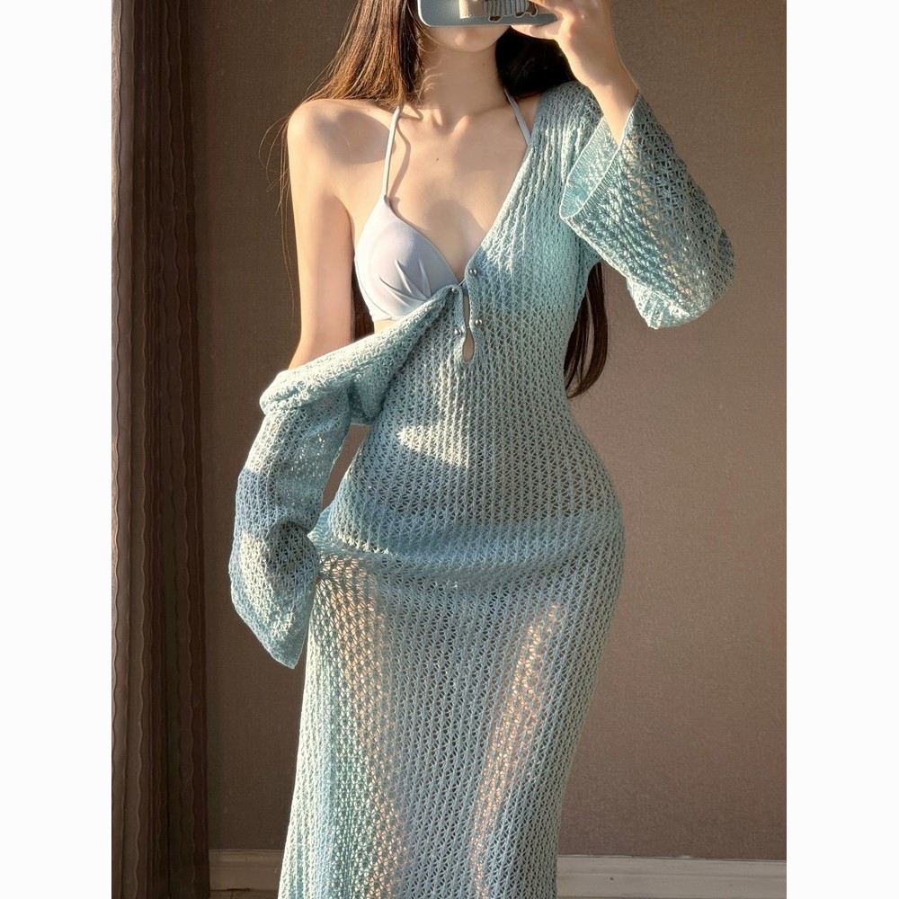 Mới bikini Đi Biển Váy Nữ Màu Trơn Gợi Cảm Dệt Kim Rỗng Đi Biển bikini Đồ Bơi Áo Chống Nắng