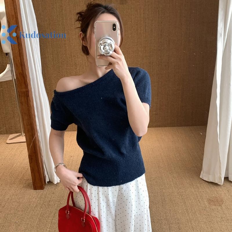 Kudosation Áo ngắn tay lệch vai Áo nữ mùa hè Áo thun chắc chắn phù hợp Áo thun đẹp
