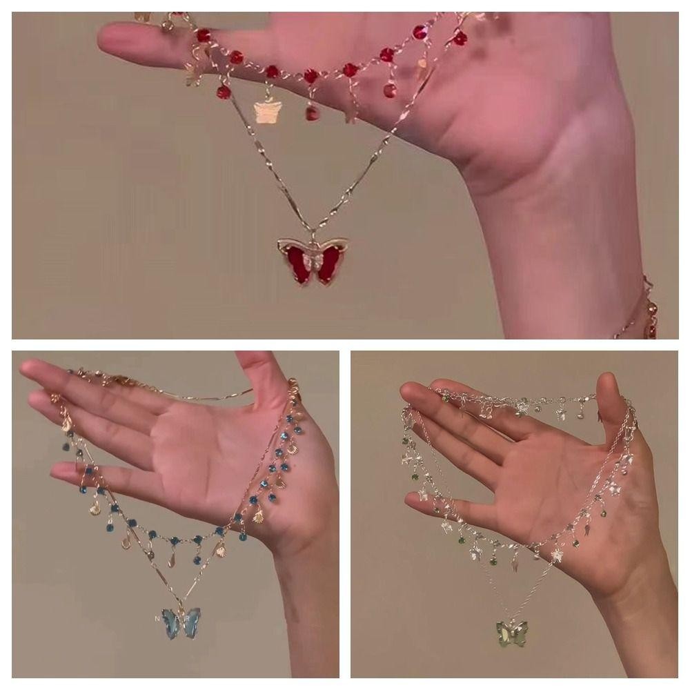 Vòng Cổ Bướm LACYES, Dây Xích Xương Đòn Tua Rua Zircon, Trang Sức Thanh Lịch Hai Lớp Kim Cương Giả Sáng Bóng Tiệc