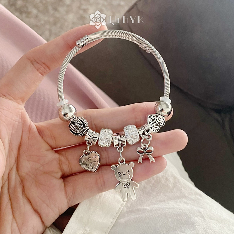 Qrhyk Cổ Đính Hạt Charm Vòng Tay Gấu Mặt Dây Chuyền Trái Tim Tình Yêu Có Thể Điều Chỉnh Vòng Tay Nữ DIY Trang Sức Quà Tặng Mới