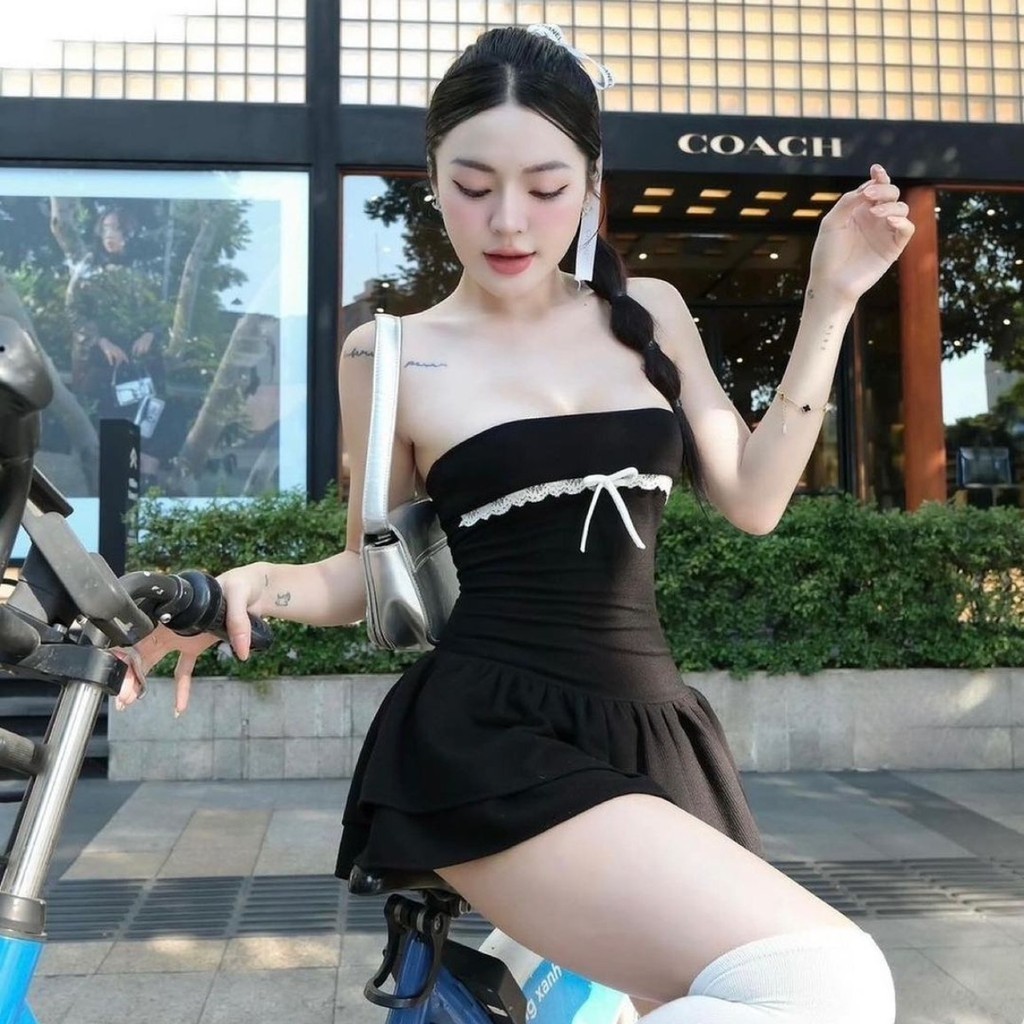 (kem quan) Đầm Ống Cúp Ngực PINKSTORE29 Viền Ren Đính Nơ D128