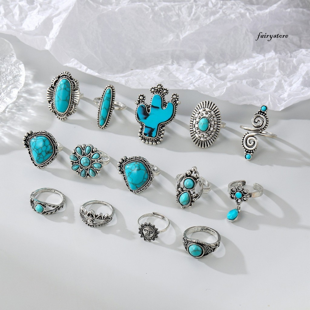[Cổ tích] 14 Cái / bộ Vintage Bohemian Open End Bộ Nhẫn Có Thể Điều Chỉnh Xương Rồng Hình Mặt Trời Giả Ngọc Trai Nhẫn Knuckle Quà Tặng Trang Sức Thời Trang