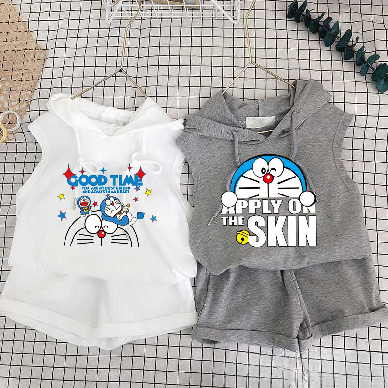 Bộ đồ trẻ em hoạt hình dễ thương in hình Doremon 2024 - Áo Vest và quần short có mũ trùm đầu dễ thương dành cho trẻ em Bộ hai mảnh