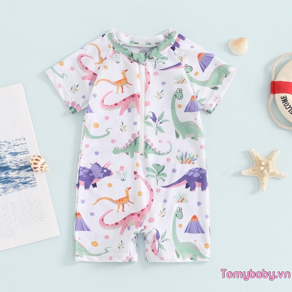 Bé Trai Khủng Long Đồ Bơi Cổ Tròn Nửa Zip Lên Tay Ngắn Rash Guard Bộ Đồ Tắm Cho Đi Biển