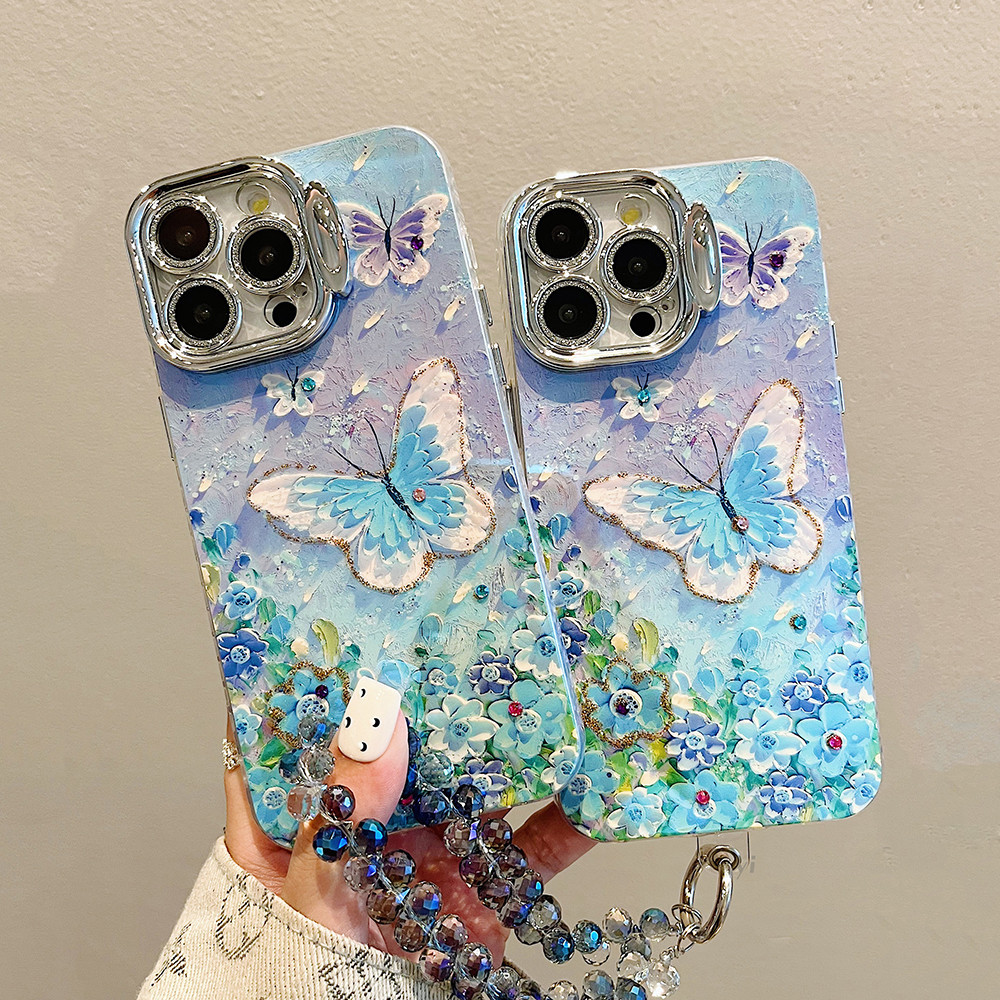 Phim bảo vệ khung ống kính vô hình Vỏ điện thoại cho iPhone 15pro Max 11 12 13 14 15 Pro Max 14 Plus 12pro 15pro Ốp lưng họa tiết bướm hoa màu xanh có vòng tay