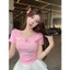 Mùa Hè Nguyên Chất Desire Phong Cách Nơ Xốp In Vai Tay Ngắn Ôm Ôm Hơn Nhìn Ngắn Ngọt Cay Nhỏ Áo Thun Nữ V250220239