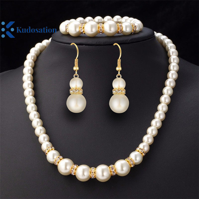 Kudosation 3in1 Bộ Thanh Lịch Mô Phỏng Ngọc Trai Vòng Cổ Bông Tai Vòng Cổ Dài Nữ Cô Dâu Cưới Trang Sức Quà Tặng