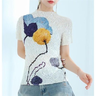 Miyake Slim-fit Cổ Tròn Ngắn Tay Phong Cách Trung Hoa Xếp Ly Đáy Top Nữ Xuân Hè Phong Cách Mới Màu Sắc Tương Phản Quần Áo Xếp Ly