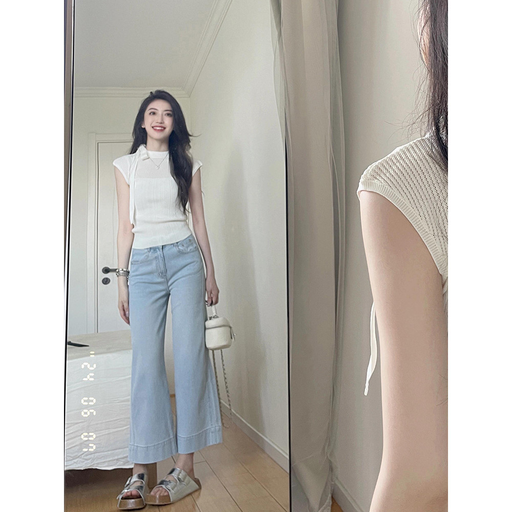 Suxi Retro Mùa Hè Mới Tối Giản Slim Fit Nơ Cổ Tròn Tay Ngắn Dệt Kim Áo Thun Nữ Top 240627